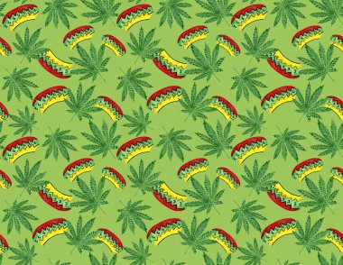 Kusursuz desenli suluboya kenevir yaprağı ve yeşil arka planda rastaman şapkası.