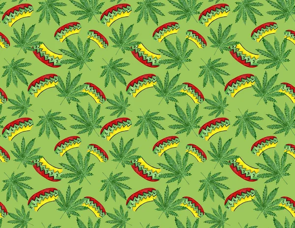 Seamless Pattern Watercolor Hemp Leaf Rastaman Hat Green Background — Stock Photo, Image