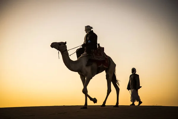 Hombre en un camello en un desierto — Foto de Stock