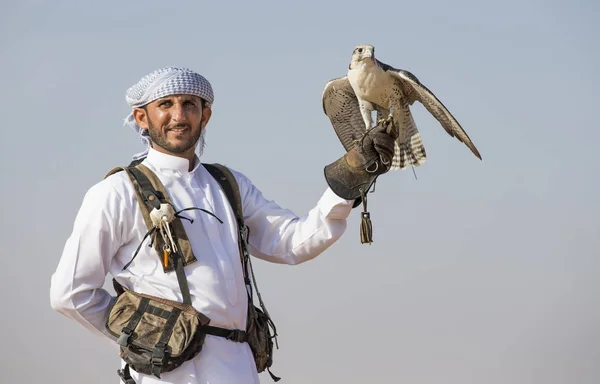 Falconer training Peregrine Falcon in desert — Stock Photo, Image