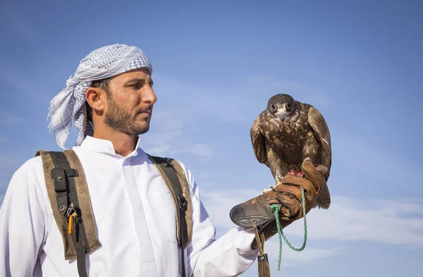 Falconer met falcon in woestijn — Stockfoto