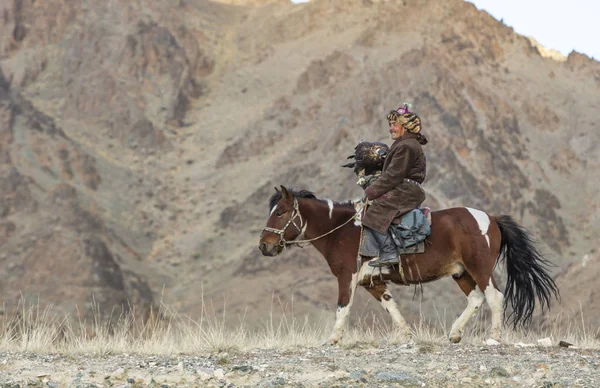 Mongoolse nomad eagle hunter op zijn paard — Stockfoto