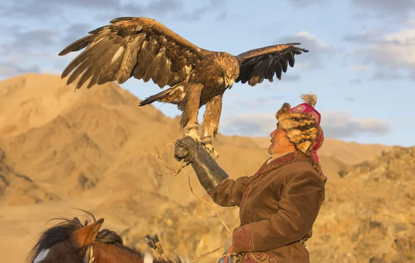 Mongol caçador de águia nômade em seu cavalo — Fotografia de Stock