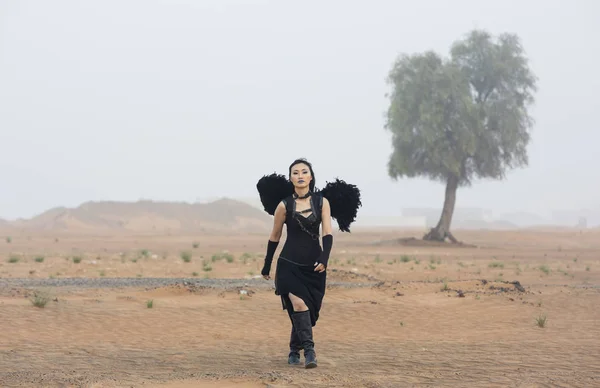 Žena nosí blackangel křídla chodí do mlhy — Stock fotografie