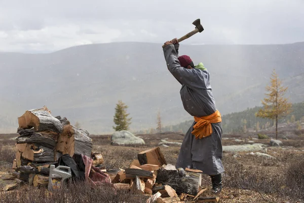 mongolian nomad chopping firewood with ax