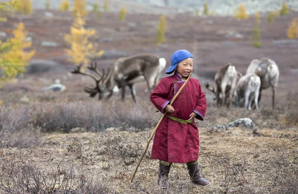 Tsaatan jongen met herten in de steppe — Stockfoto