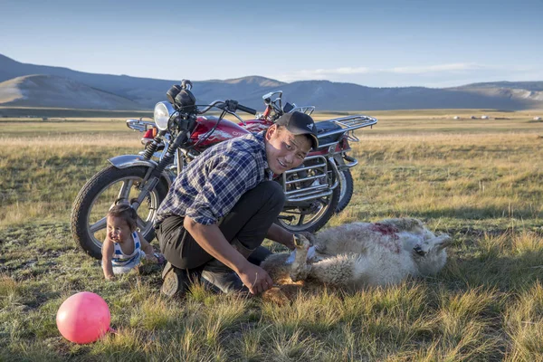 Mongolian man skinning a goat — Stock Photo, Image