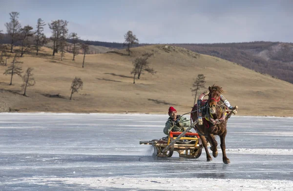Hatgal Монголії Березня 2018 Люди Катання Санях Замерзлому Озері Khuvsgul — стокове фото