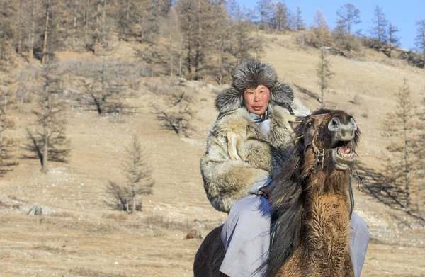 Μογγολικό άνδρα που φοράει ένα σακάκι δέρμα λύκου, ιππασία το άλογο σε ένα σύμπλεγμα δομών — Φωτογραφία Αρχείου