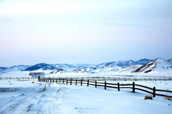 Petite Maison Blanche Dans Paysage Nord Mongolie Hiver — Photo