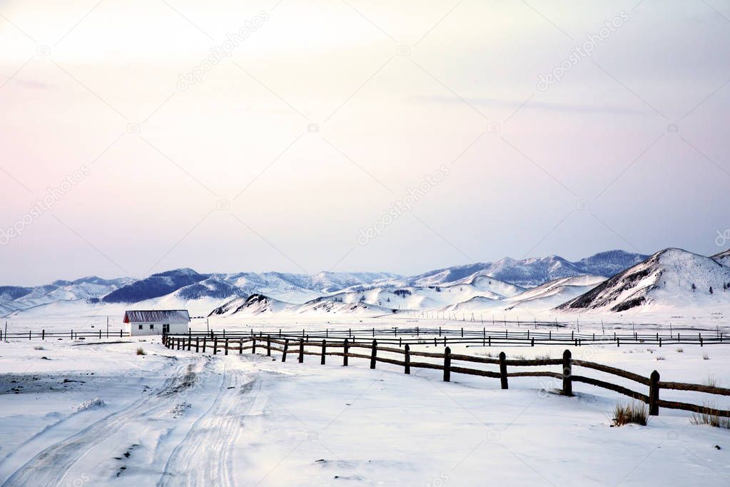 Little White House in a Landscape of northern Mongolia in a winter