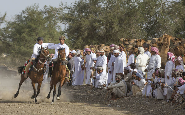 Ibri, Oman, April 7th, 2018: omani men on a horses in a countryside of Oman