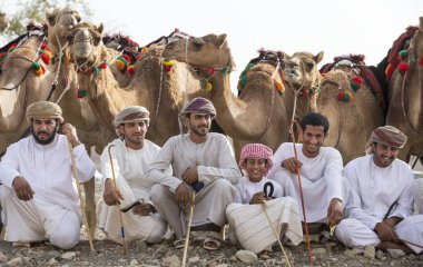 Khadal, Oman, April 7th, 2018: omani men with their camels at a countryside before a race clipart