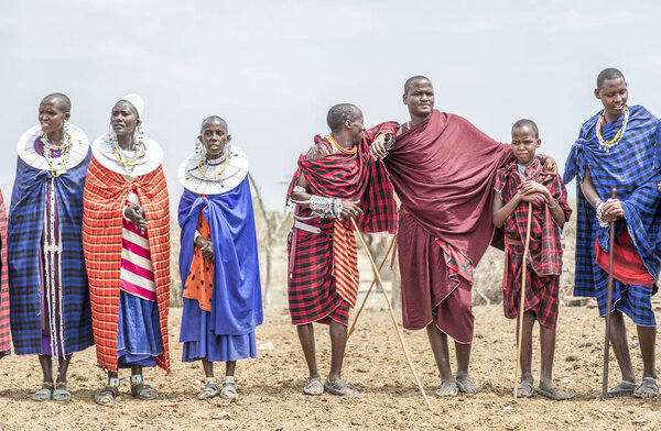 arusha, Tanzania, 7th September 2017: maasai village in thier party outfits