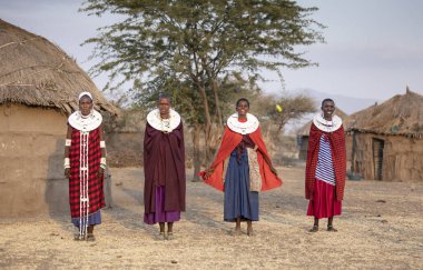 Arusha, Tanzanya, 7 Eylül 2019: geleneksel giyim güzel maasai kadın, tam takı giyiyor