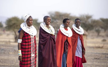 Arusha, Tanzanya, 7 Eylül 2019: geleneksel giyim güzel maasai kadın, tam takı giyiyor
