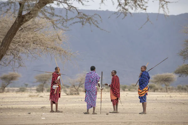 Arusha Tanzânia Setembro 2019 Guerreiros Maasai Uma Paisagem Savana Tanzânia — Fotografia de Stock