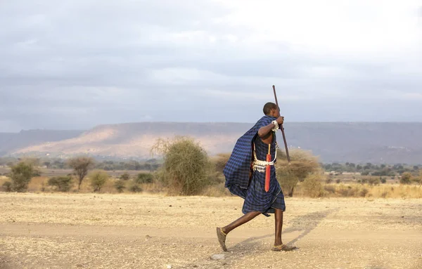 2019年9月7日 坦桑尼亚阿鲁沙 坦桑尼亚草原景观中的马赛战士 — 图库照片