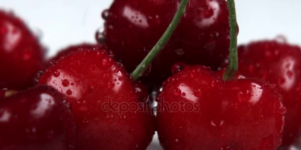 Gotas de agua que caen sobre el primer plano de las cerezas rojas — Vídeo de stock