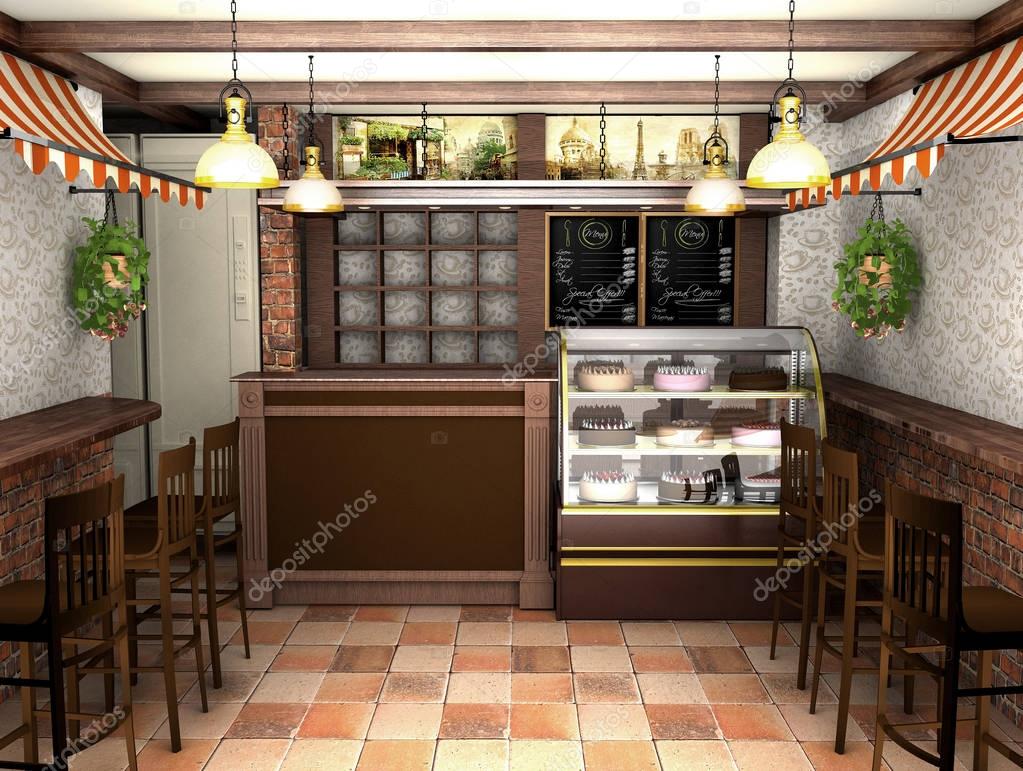 3D rendering van een interieur van een café in de Franse stijl ... 3D rendering van een interieur van een café in de Franse stijl ...