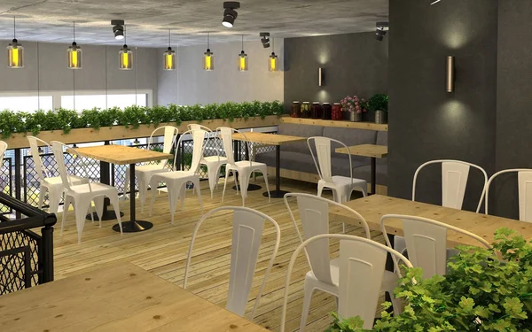 3d visualização de loja de alimentos com um café dentro. Interior público no estilo loft — Fotografia de Stock