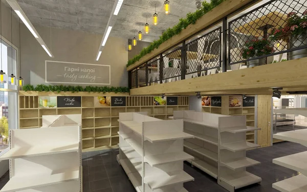 3D visualisatie van voedsel op te slaan met een café binnen. Openbare interieur in de loft-stijl — Stockfoto