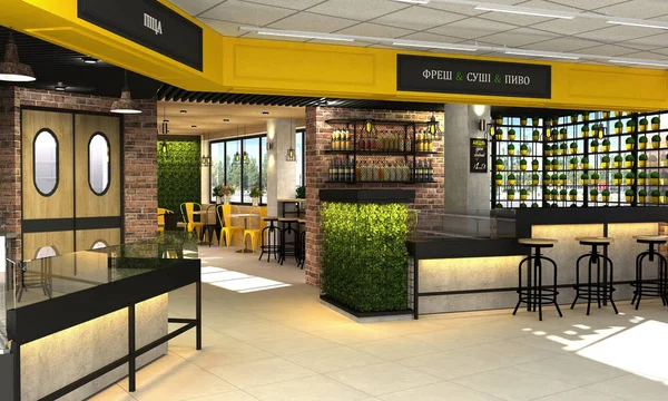3D visualisatie van voedsel op te slaan met een café en een bar binnen. Het interieur in de loft-stijl — Stockfoto