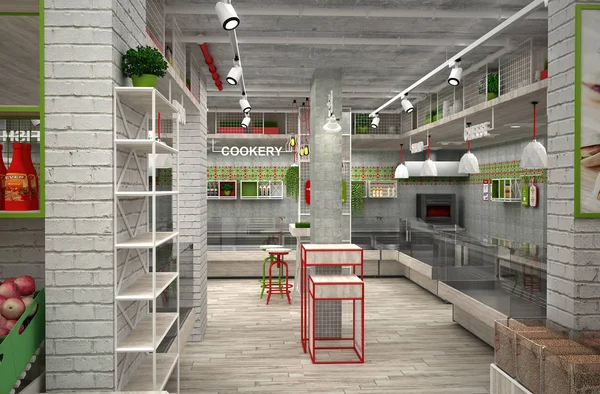 3d visualización de la tienda de alimentos. El interior en el estilo loft —  Fotos de Stock