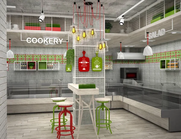 3d visualización de la tienda de alimentos. El interior en el estilo loft — Foto de Stock