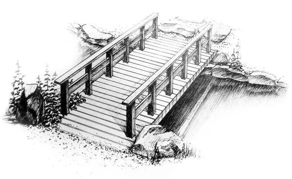 graphic freehand drawing of wooden bridge over the brook