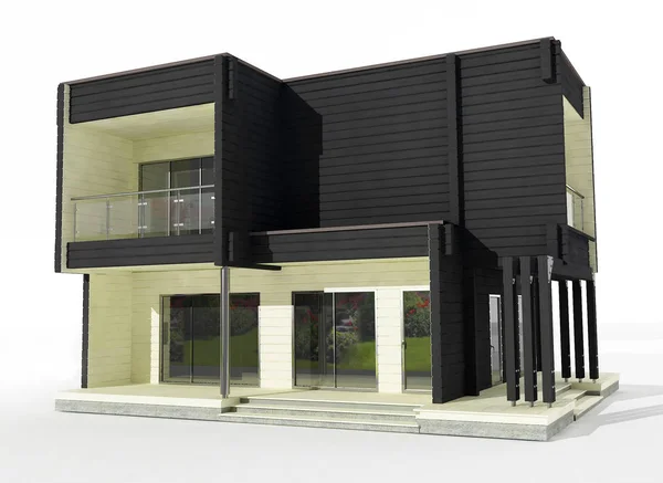 3D-model van twee verdiepingen tellende houten huis op een witte achtergrond. — Stockfoto