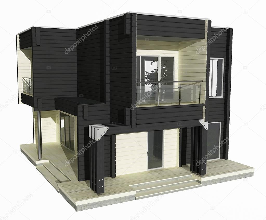 3d model of two-story wooden house on a white background.