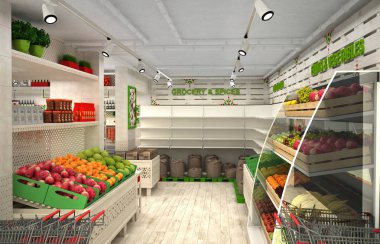 gıda malzemeleri dükkanı 3D görselleştirme. Provence tarzında iç