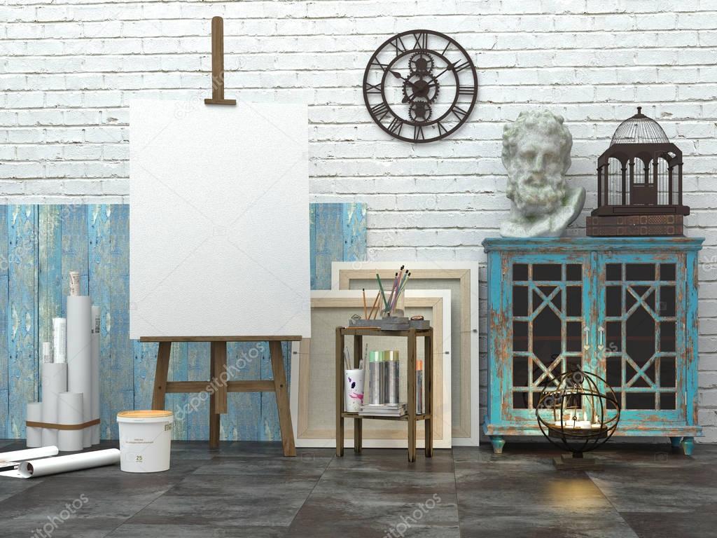 Easel with blank white canvas in the loft interior, 3d illustration of the artist's studio