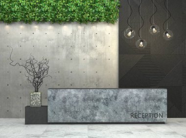 Çatı katı tarzında bir resepsiyon masası ile iç. 3D görüntüleme.