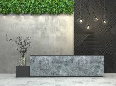 Çatı katı tarzında bir resepsiyon masası ile iç. 3D görüntüleme.