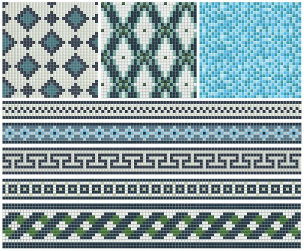 Seamless mosaic friezes and decors in blue tones.