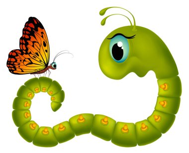 Cartoony yeşil goggle-eyed tırtıl kelebeğe beyaz bir arka plan üzerinde seyir.