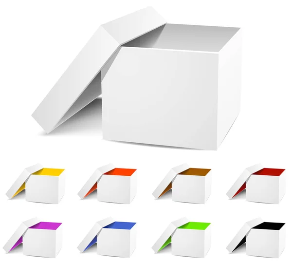Caja abierta blanca y colorida aislada sobre un fondo blanco. Ilustración vectorial. Imagen tridimensional 3D — Vector de stock