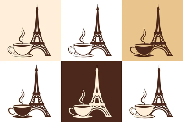 Set gestileerde silhouet van de Eiffeltoren en een kopje koffie of thee op verschillende achtergronden. Element van logo of huisstijl. Vectorillustratie. — Stockvector