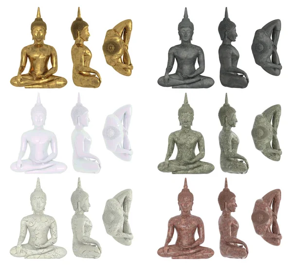 Set of Buddha figurines isolated on white background in materials of gold, marble, stone, granite, ceramics. Buddha in lotus position in the front view, side view, top view. 3D rendering. — Stock Photo, Image