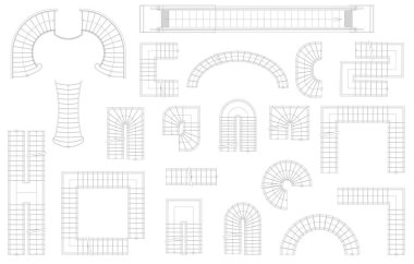 Graphic set of stairs in different forms. Top view. Vector illustration. Isolated on white background clipart