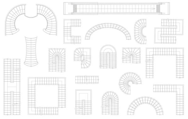 Graphic set of stairs in different forms. Top view. Vector illustration. Isolated on white background — Stock Vector