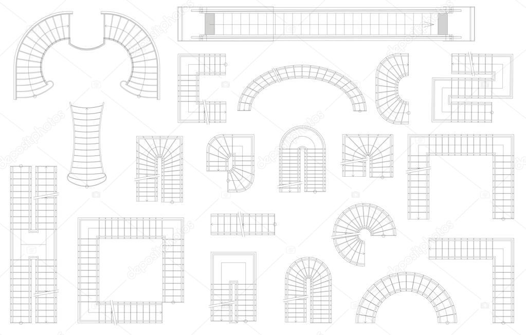 Graphic set of stairs in different forms. Top view. Vector illustration. Isolated on white background