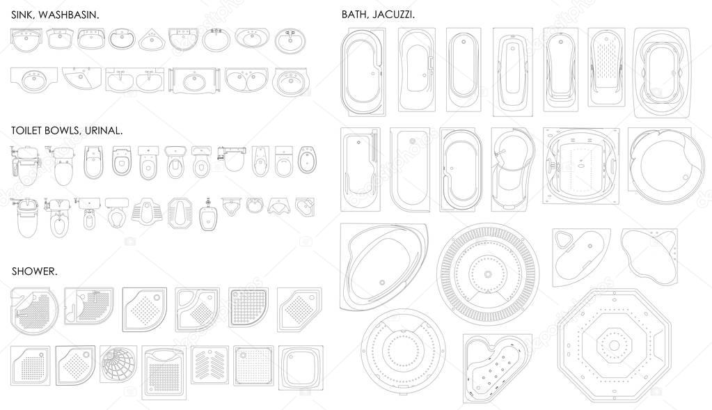 A set of equipment for the bathroom. Toilet bowl,urinal, sink, bath, jacuzzi, shower.Top view. Vector unshaded drawing.