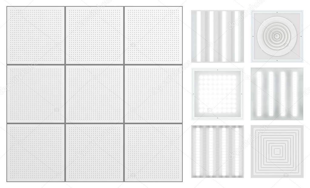 Suspended ceiling with perforated tape. Set for a modular ceiling - lamps and ventilation grids. Isolated seamless texture on white background. Top view. 3D rendering.