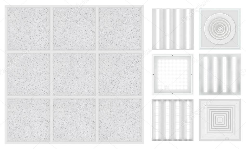 Suspended cassette ceilings - Armstrong. Set for a modular ceiling - lamps and ventilation grids. Isolated seamless texture on white background. Top view. 3D rendering.