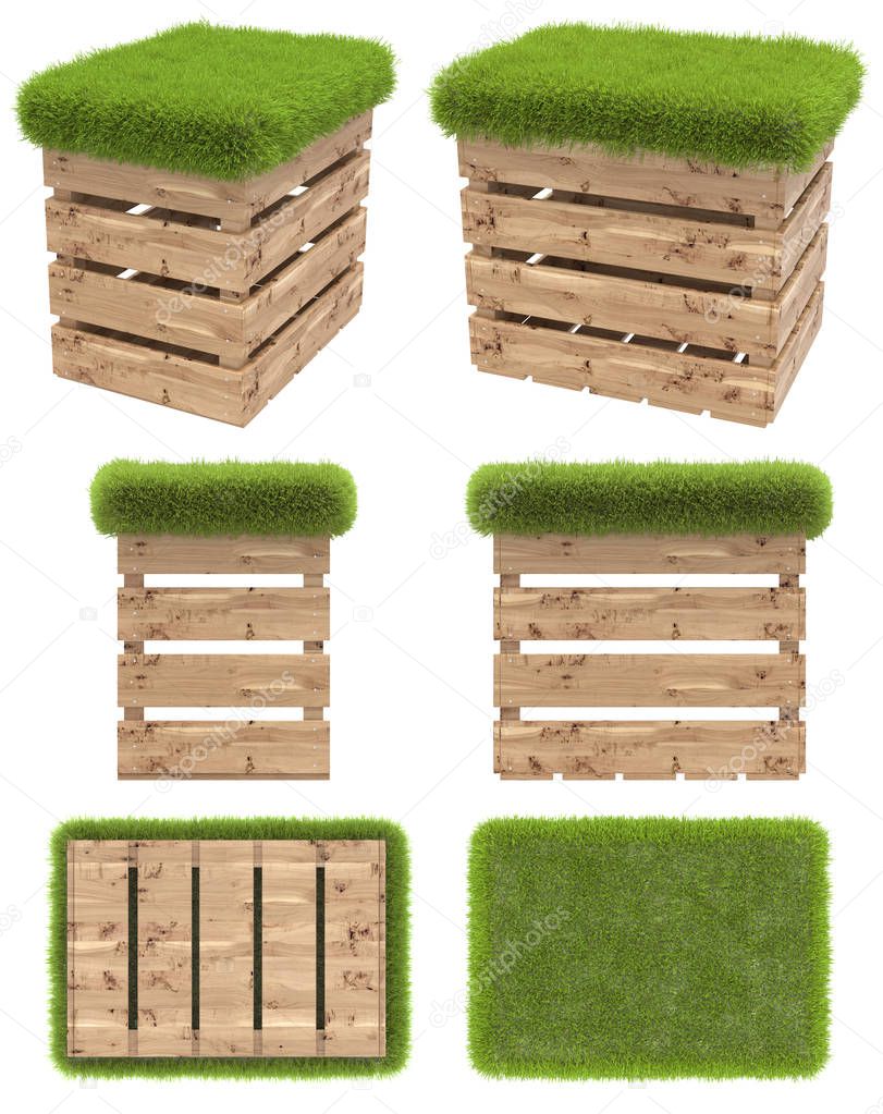 The chair of the wooden box or pallet with a seat of grass. Garden furniture. Top view, side view, front view, bottom view. Isolated on white background. 3D render.