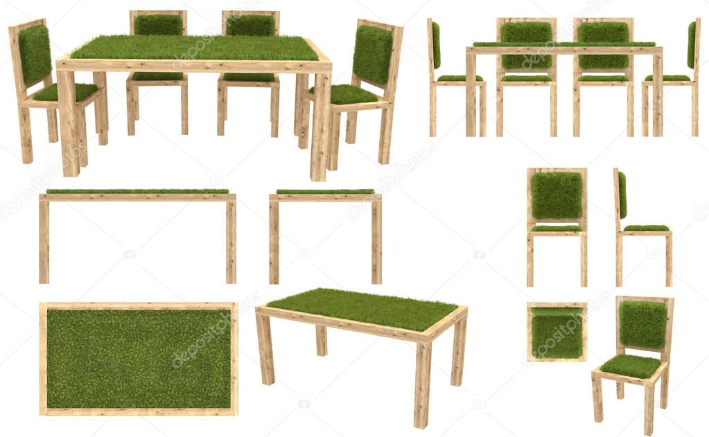 Wooden table and chairs with grass cover. Garden furniture. Top view, side view, front view. Isolated on white background. 3D visualization.
