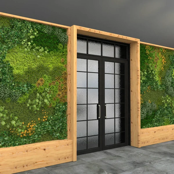 Interior con puerta de entrada de cristal y pared verde con jardinería vertical. Estilo loft. Visualización 3D . — Foto de Stock